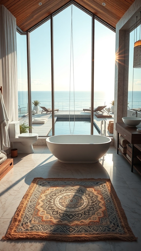 Luxus Spa Badezimmer mit Meerblick und natürlicher Holzdecke
