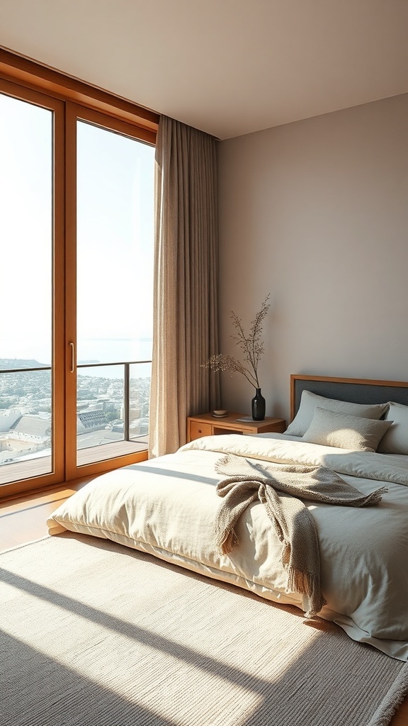 Luxuriöses Zen-inspiriertes Schlafzimmer mit großen Fenstern und natürlichen Materialien.