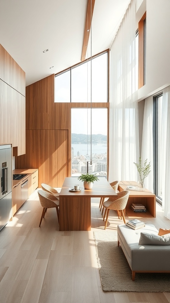 Moderne Küche mit Holzoberflächen und großen Fenstern, die Tageslicht hereinlassen