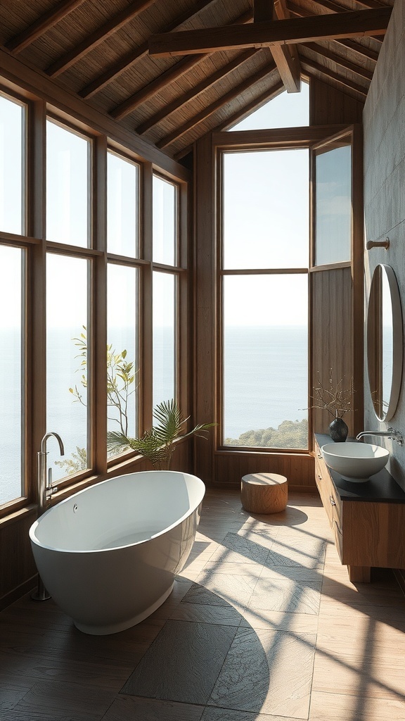 Luxuriöses Badezimmer mit Holzverkleidung, großen Fenstern und freistehender Badewanne