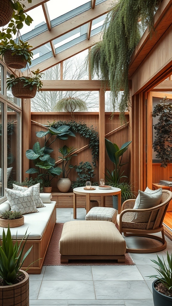 Ein moderner Wintergarten mit Holzverkleidung, großen Fenstern und vielen Pflanzen.