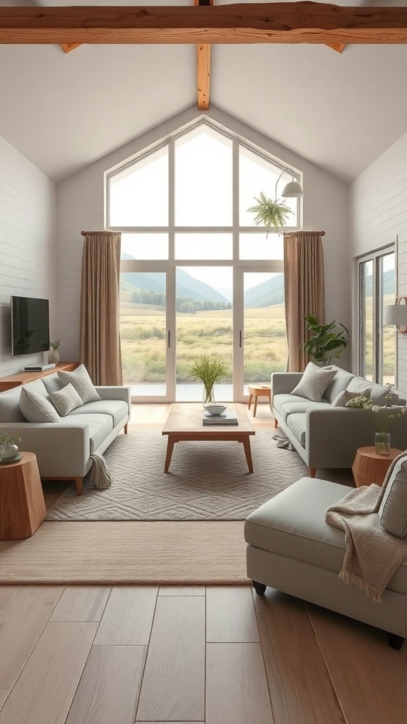 Modernes Wohnzimmer im Bauernhausstil mit großen Fenstern, Holzdetails und Pflanzen