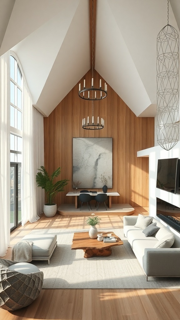 Luxuriöses Wohnzimmer mit Holzverkleidung, großen Fenstern und modernen Möbeln