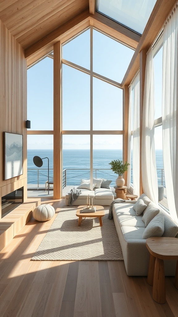 Ein moderner Wohnraum mit großen Fenstern, Holzmaterialien und einem Blick auf das Wasser.