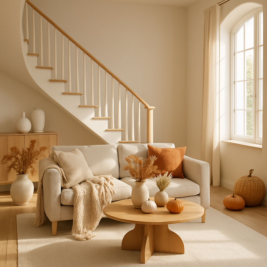 Gemütliches Wohnzimmer mit natürlicher Herbstdeko, hellem Sofa, Holztreppe und Kürbissen auf dem Tisch.