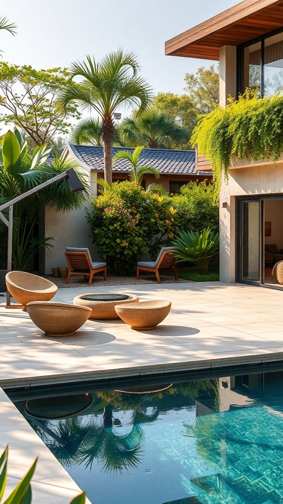 Ein schöner Garten mit Naturpool und Möbeln aus natürlichen Materialien
