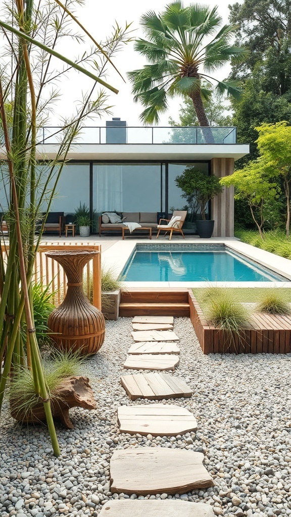 Ein moderner Garten mit Naturpool, Holzterrasse und verschiedenen Pflanzen.