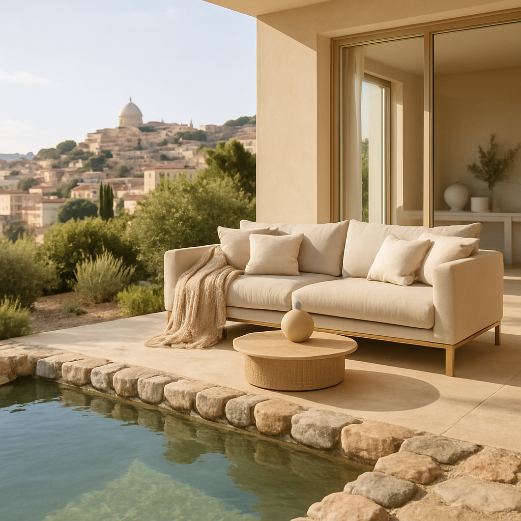 Eine Terrasse mit einem Naturpool, umrandet von groben Steinen, mit einem gemütlichen Sofa im Vordergrund.