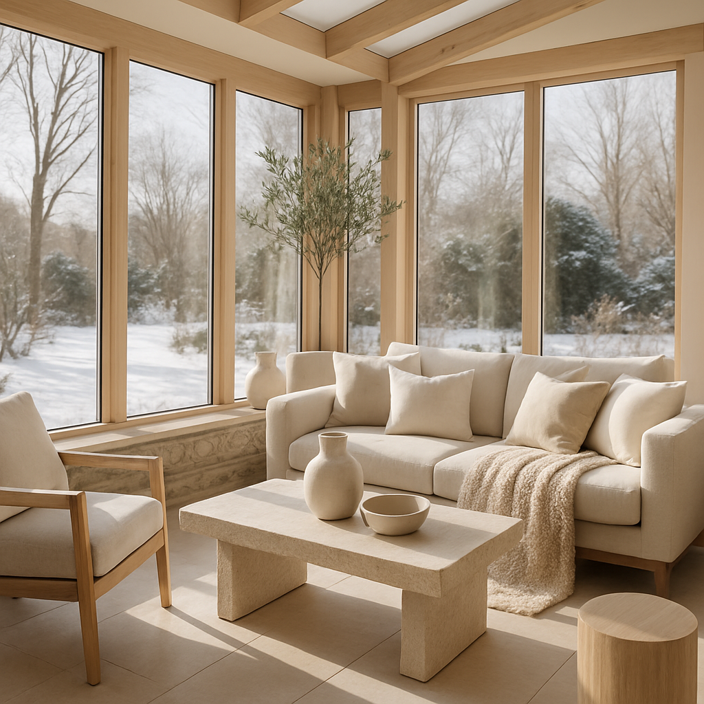 Ein moderner Wintergarten mit großen Fenstern, einem bequemen Sofa und natürlichen Materialien.