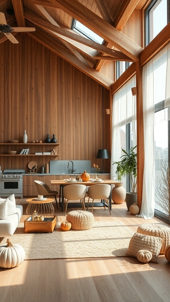 Heller Raum mit Holzverkleidung, großen Fenstern und herbstlicher Dekoration
