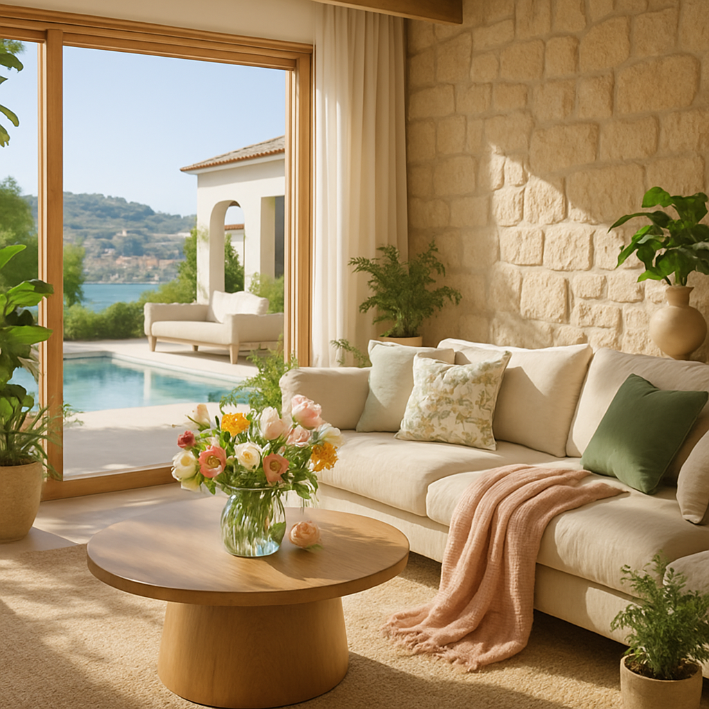 Heller Wohnraum mit Steinwand, Holzmöbeln und frischen Blumen auf dem Tisch