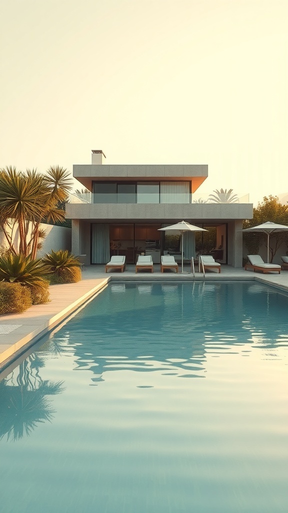 Ein moderner Pool mit natürlicher Beleuchtung und Pflanzen in der Umgebung