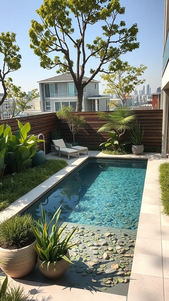 Ein kleiner Naturpool in einem modernen Garten, umgeben von Pflanzen und Liegen.