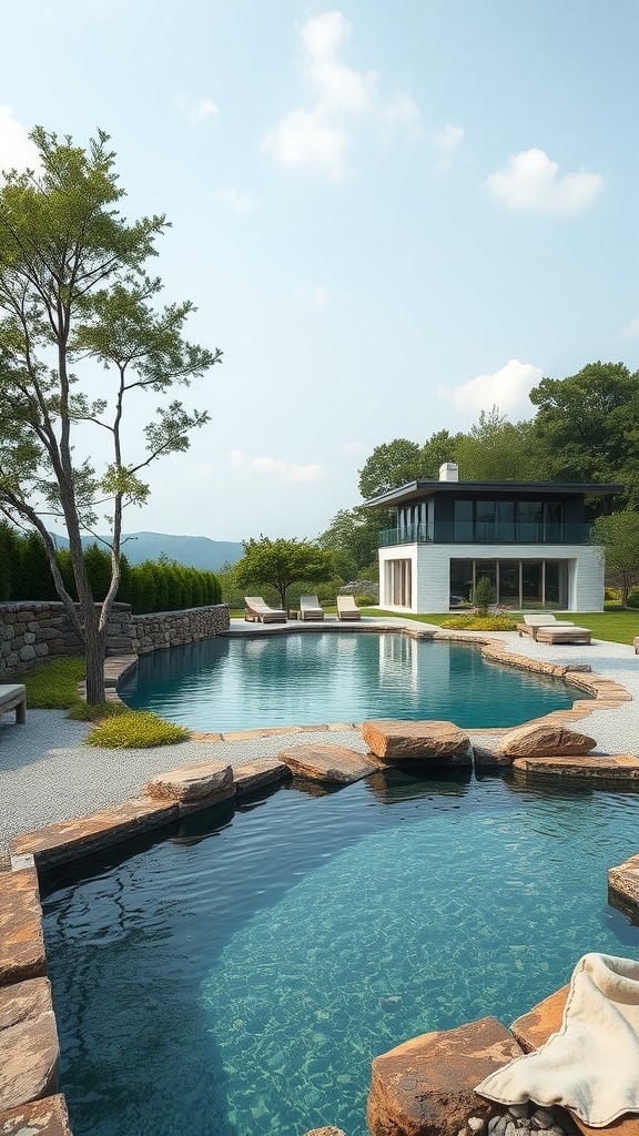 Ein schöner Naturpool mit Steinumrandung und Liegen in einer grünen Umgebung.