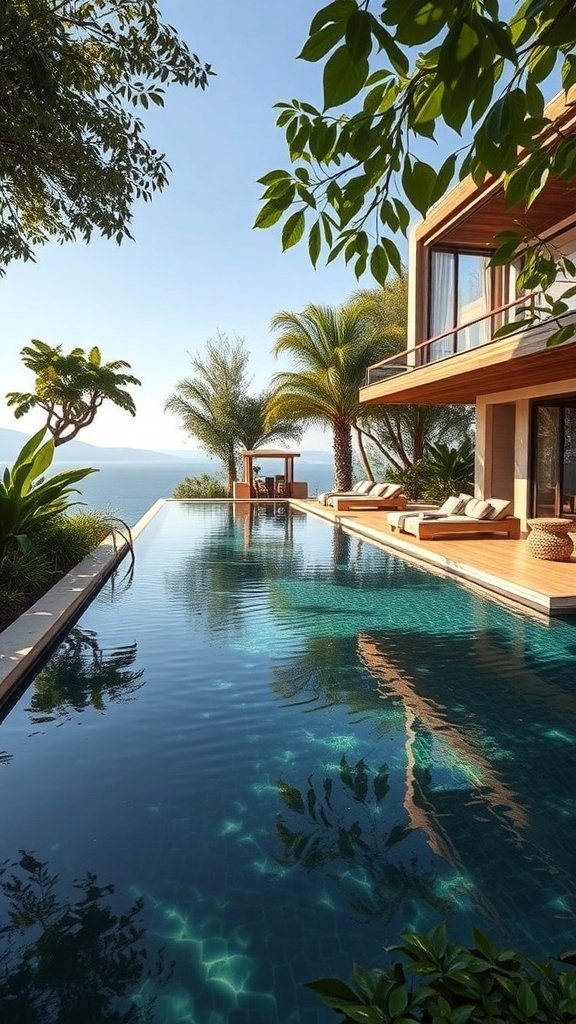 Ein schöner Pool umgeben von Pflanzen und Bäumen, mit Blick auf das Wasser.