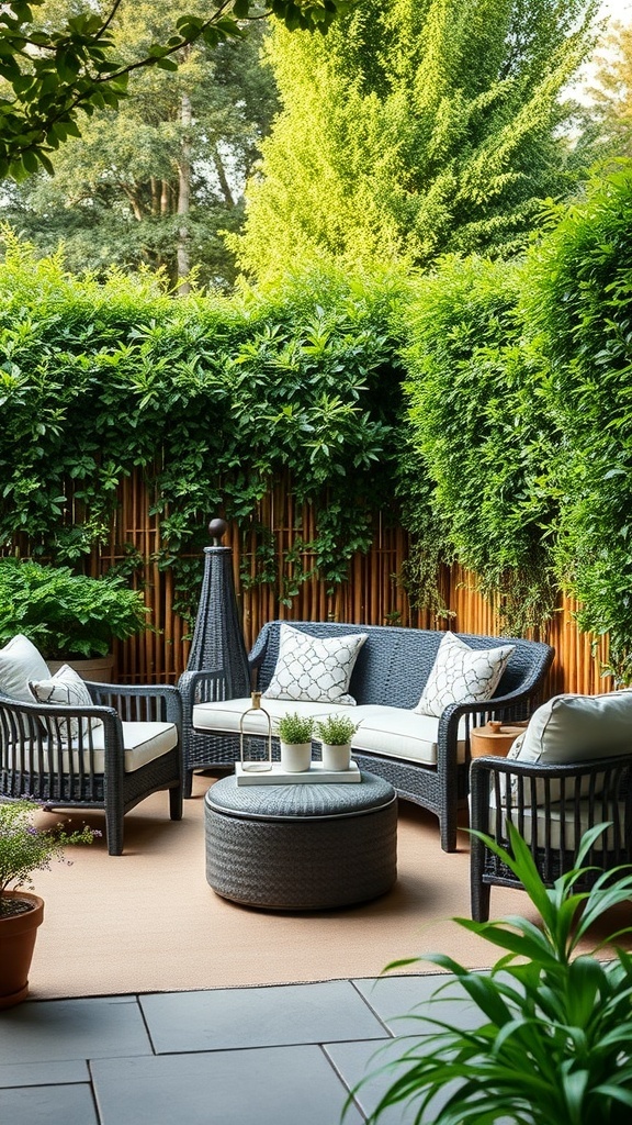 Gemütliche Terrasse mit natürlichen Trennwänden aus Pflanzen und Holz