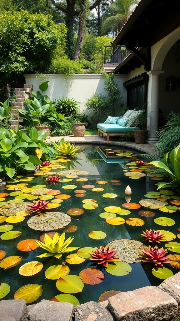 Ein Naturpool mit verschiedenen Wasserpflanzen, darunter Seerosen und große Blätter, umgeben von einer grünen Gartenlandschaft.
