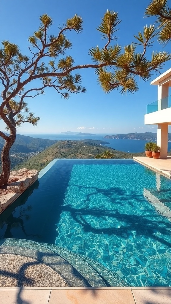 Ein schöner Pool mit Blick auf die Landschaft und einem Baum im Vordergrund.
