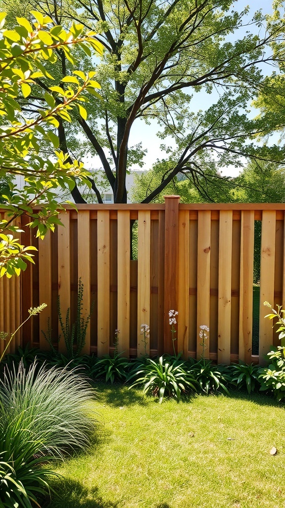 Ein schöner Holzzaun umgeben von grünen Pflanzen und Bäumen im Garten.
