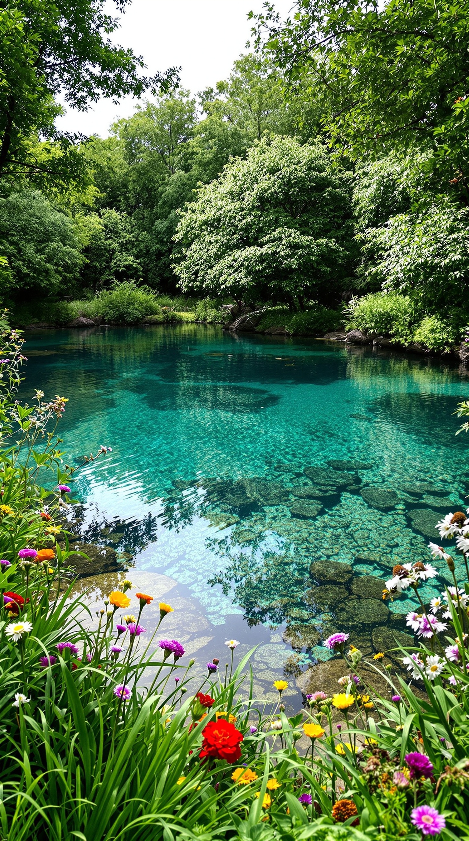 Ein klarer Schwimmteich umgeben von üppigem Grün und Blumen