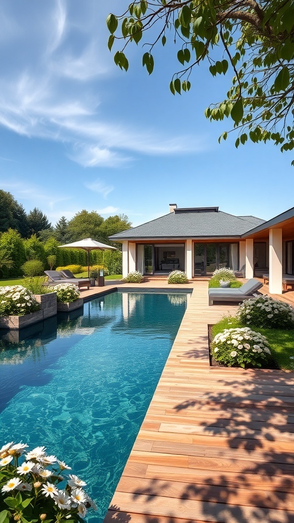 Natürlicher Schwimmteich mit Holzterrasse und Blumenbeeten