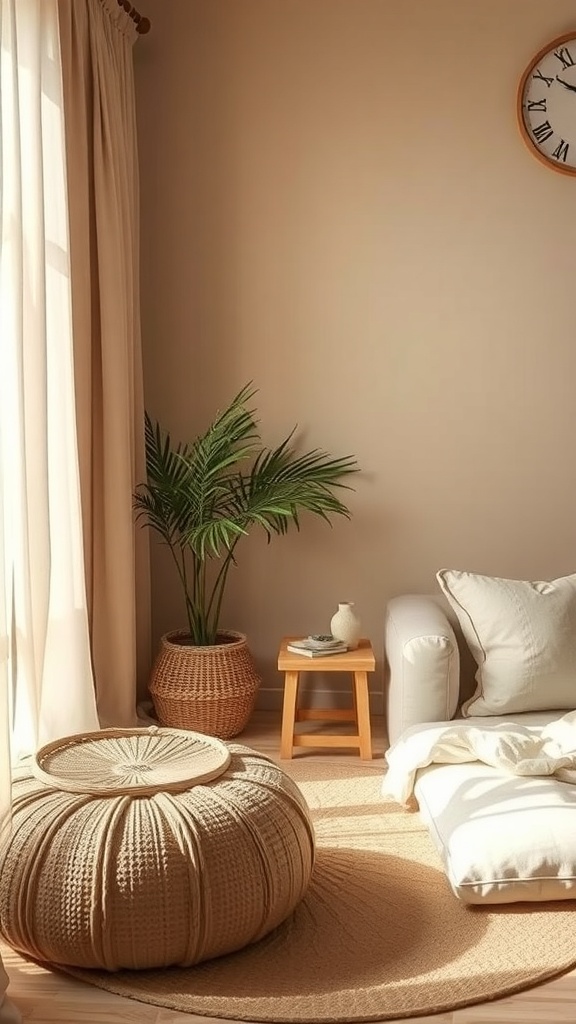 A cozy living space featuring a light beige wall, wooden flooring, a light sofa with cushions, and natural decor elements like plants and woven baskets.