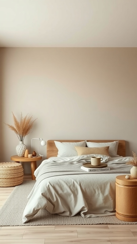 A cozy bedroom with natural color palettes featuring beige walls, wooden furniture, and soft textiles.