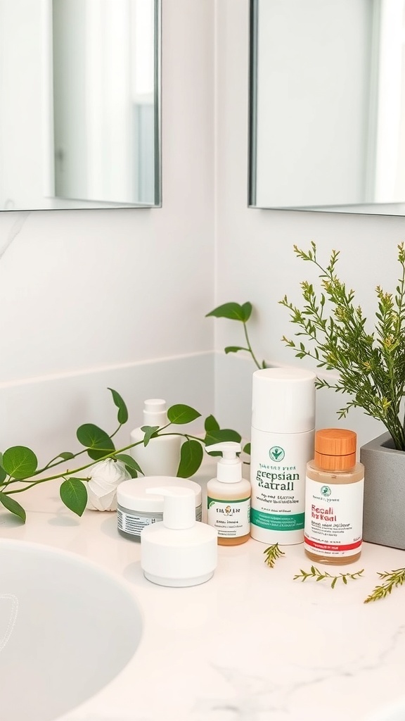 A clean countertop with various natural deodorants and skincare products arranged neatly.