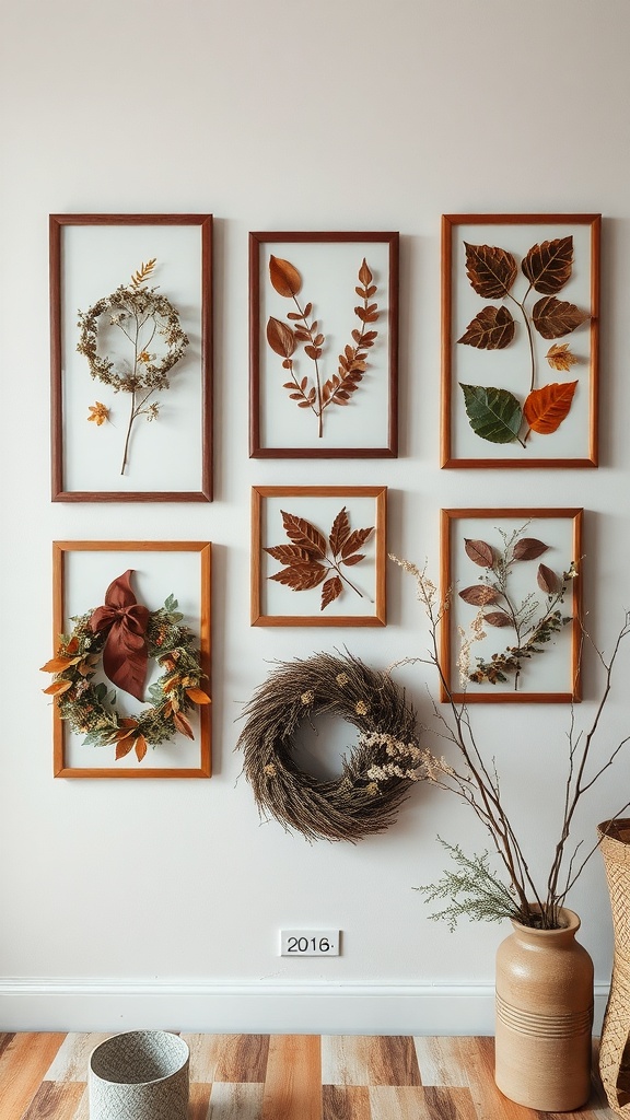 Framed natural elements including leaves and flowers on a wall.