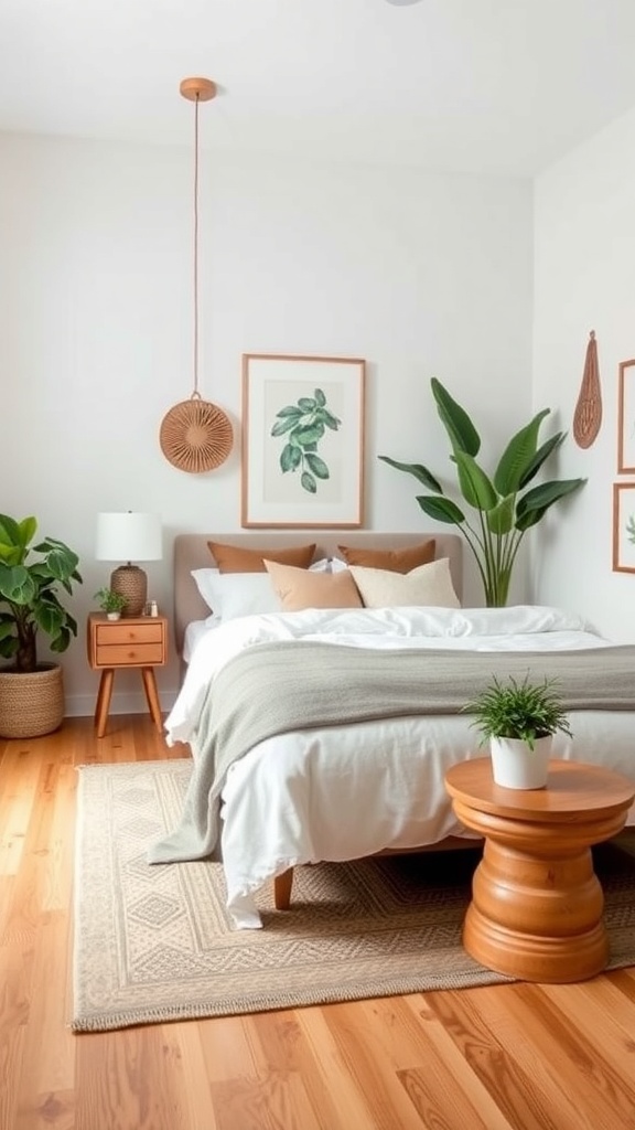 Cozy bedroom with natural elements and greenery