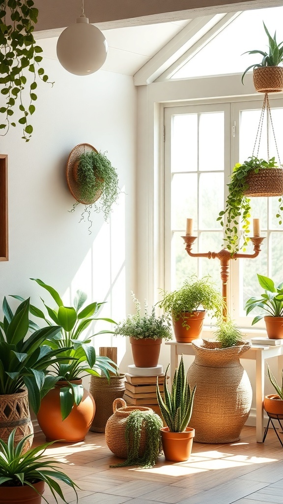 A bright room filled with various indoor plants in pots, showcasing a cozy farmhouse vibe.