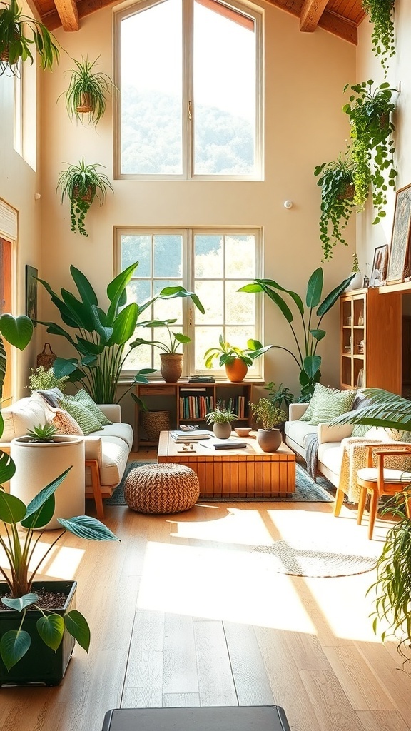 A bright and airy living room filled with plants and natural light, featuring wooden beams and cozy furniture.