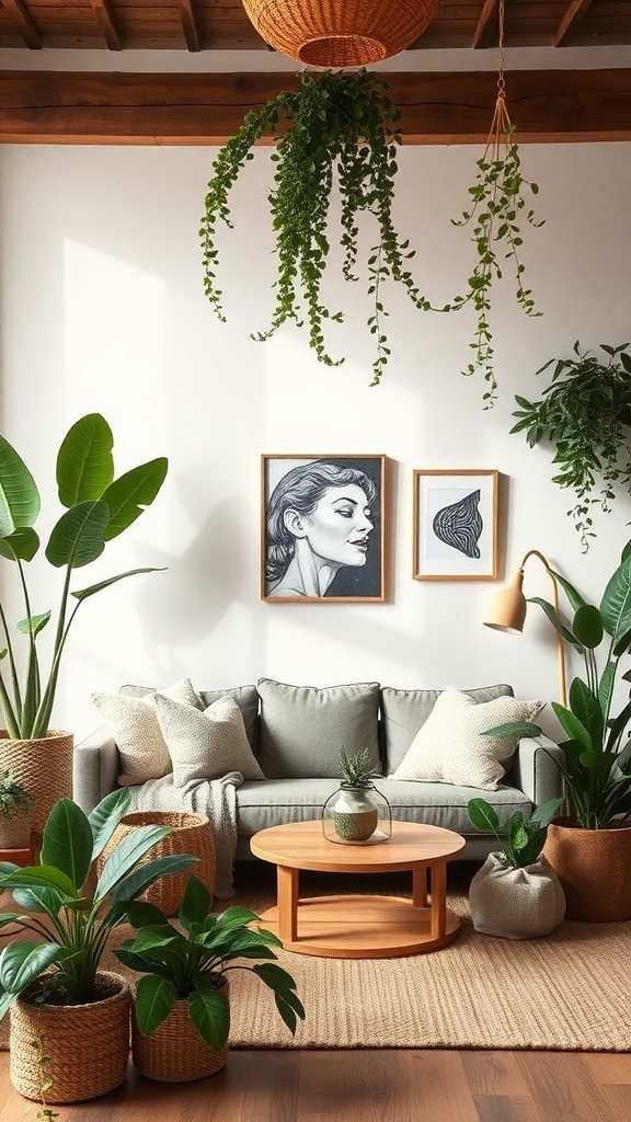 Cozy living room with plants and natural elements.