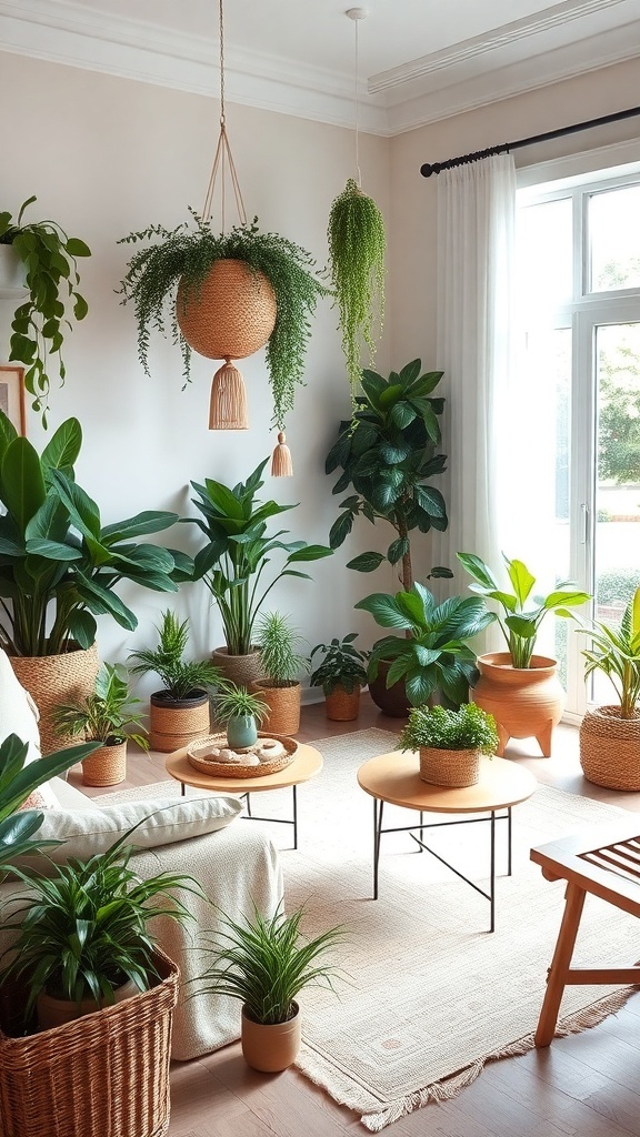 A boho living room filled with various indoor plants in natural pots, showcasing a cozy and inviting atmosphere.