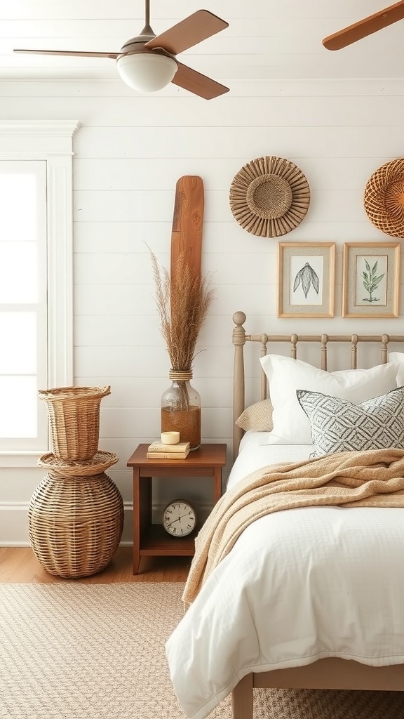 A cozy Southern style bedroom featuring natural elements like wood and woven textures.
