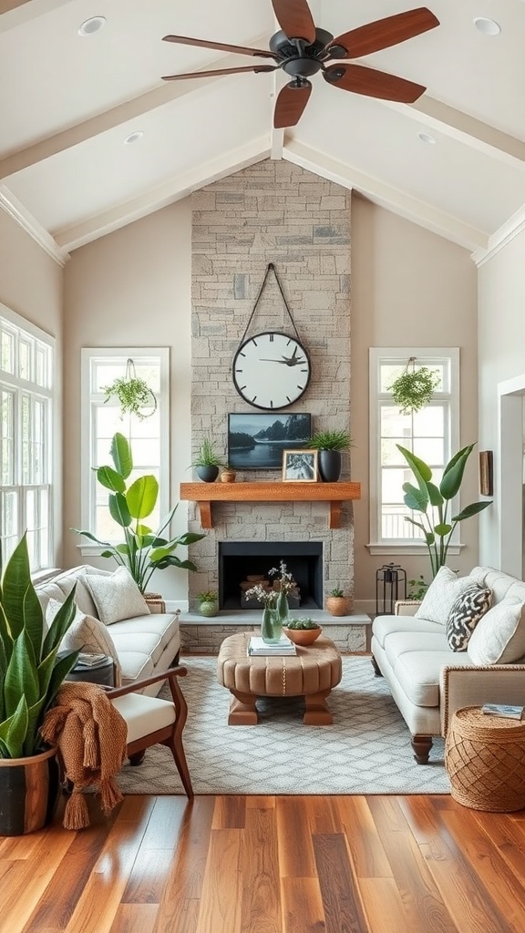 Cozy living room with natural elements, featuring large windows, wooden beams, plants, and a wooden coffee table.