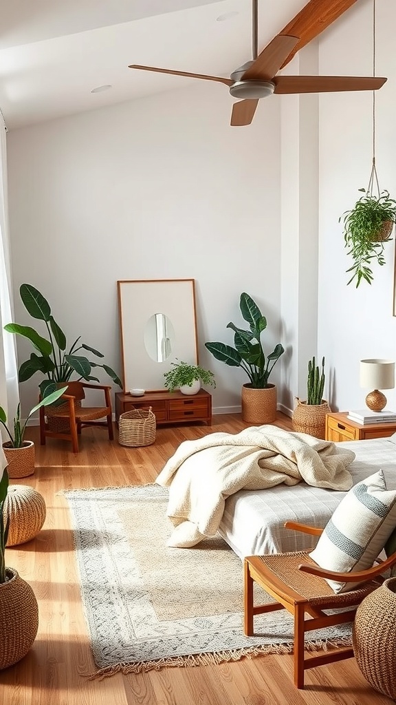 A serene bedroom featuring natural elements like plants, wooden furniture, and soft textures.