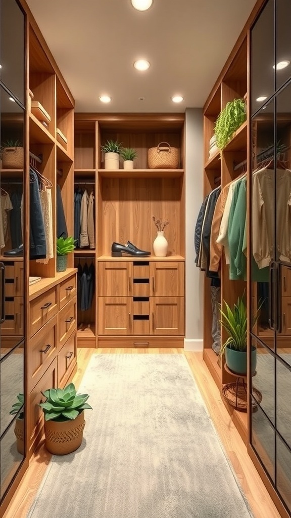 A cozy walk-in closet with wooden shelves, potted plants, and soft lighting.