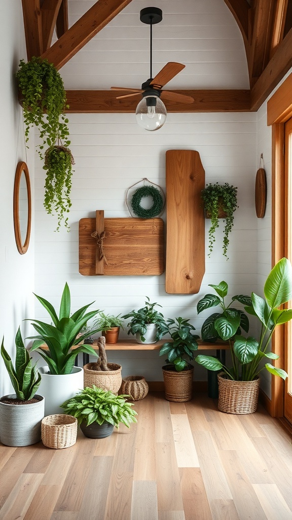 Cozy corner with various indoor plants and wooden decor in a rustic farmhouse style.