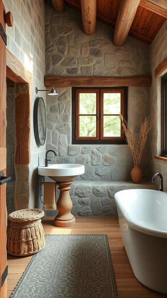 A rustic bathroom featuring stone walls, wooden beams, a round sink, and a bathtub, with natural decor elements.