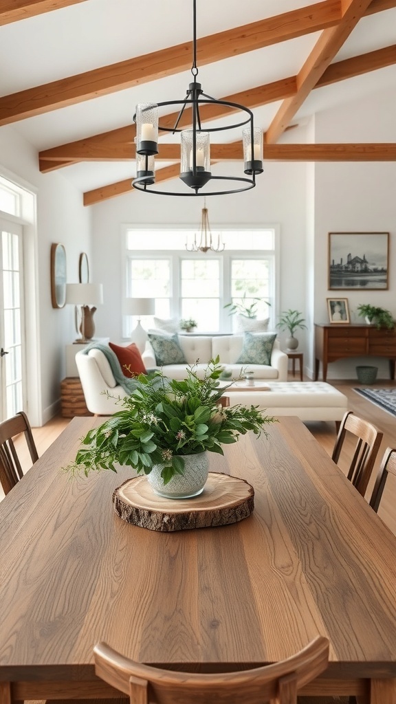 A cozy dining area with a wooden table, greenery centerpiece, and modern light fixture.