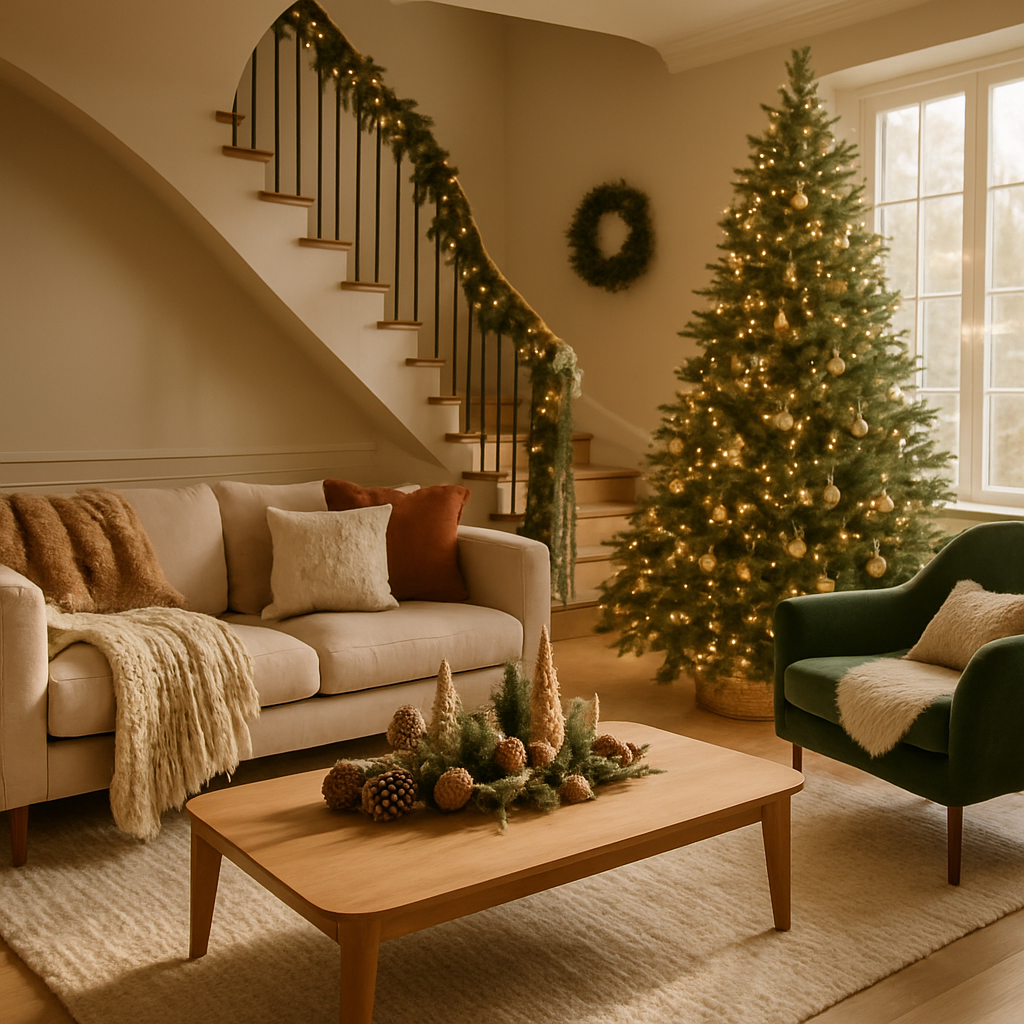 Gemütliches Wohnzimmer mit Weihnachtsbaum, Sofa und natürlicher Dekoration
