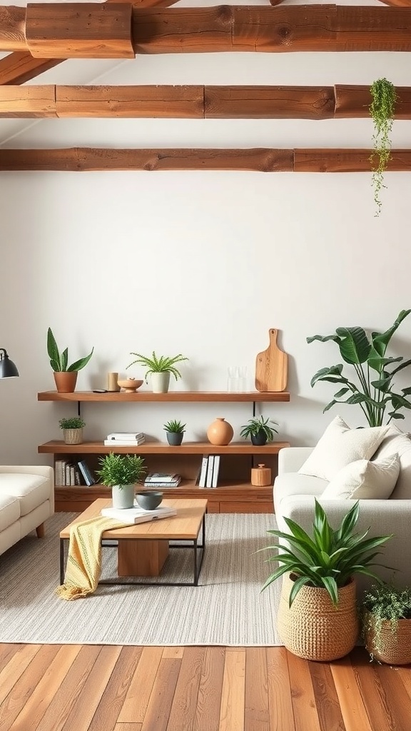 Cozy modern farmhouse living room with wooden beams and plants.