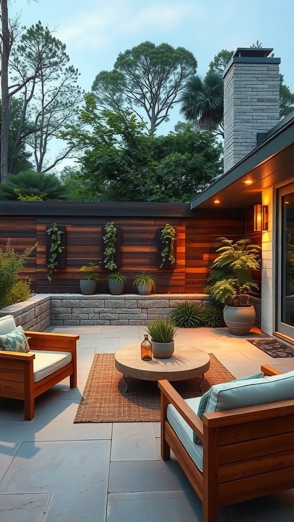 A minimalist patio featuring wooden chairs, a round table, and various plants, surrounded by trees.