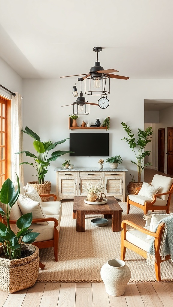 A cozy living room with natural elements, featuring plants, wooden furniture, and bright lighting.