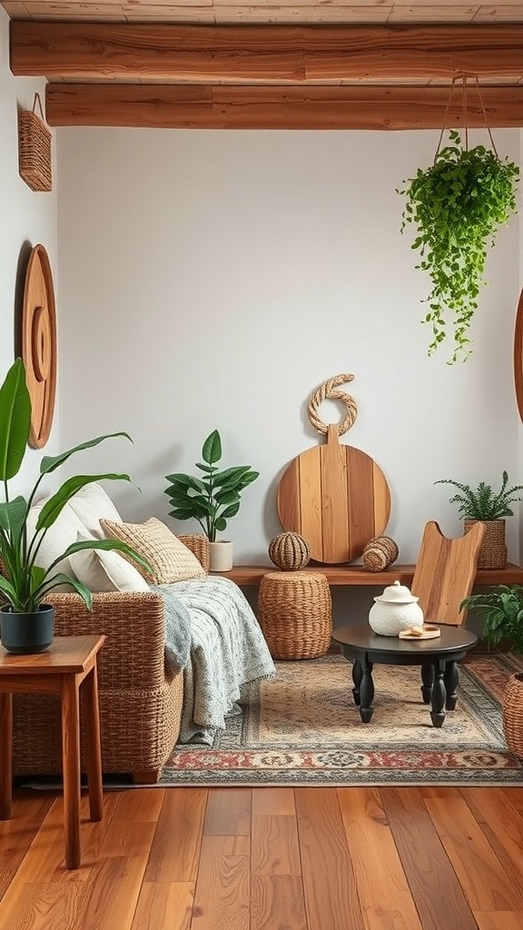 Cozy living room with wooden beams, rattan furniture, plants, and warm decor elements.