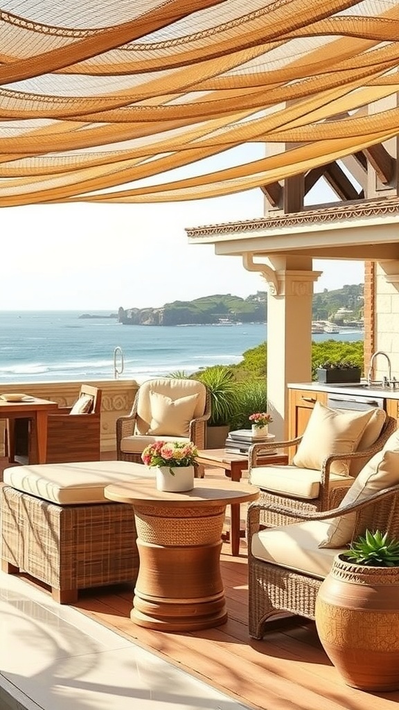 Gemütliche Outdoor-Lounge mit Meerblick und natürlichen Möbeln