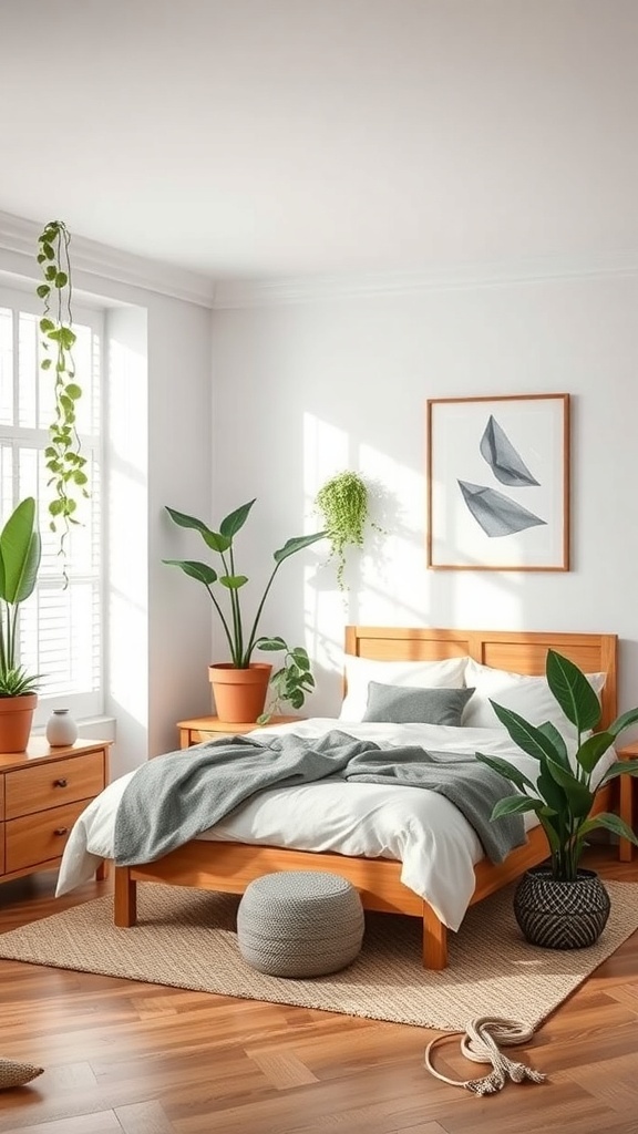 A modern bedroom with wooden furniture, plants, and natural light.
