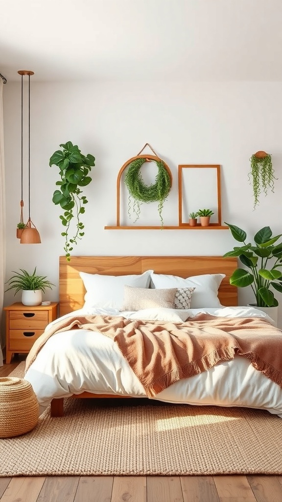 A stylish bedroom featuring natural elements like plants, wooden furniture, and warm textiles.