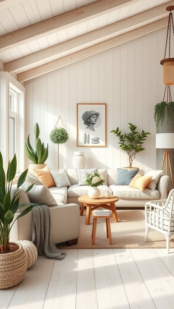 A cozy living room with natural elements, featuring plants, light wood beams, and soft furnishings.